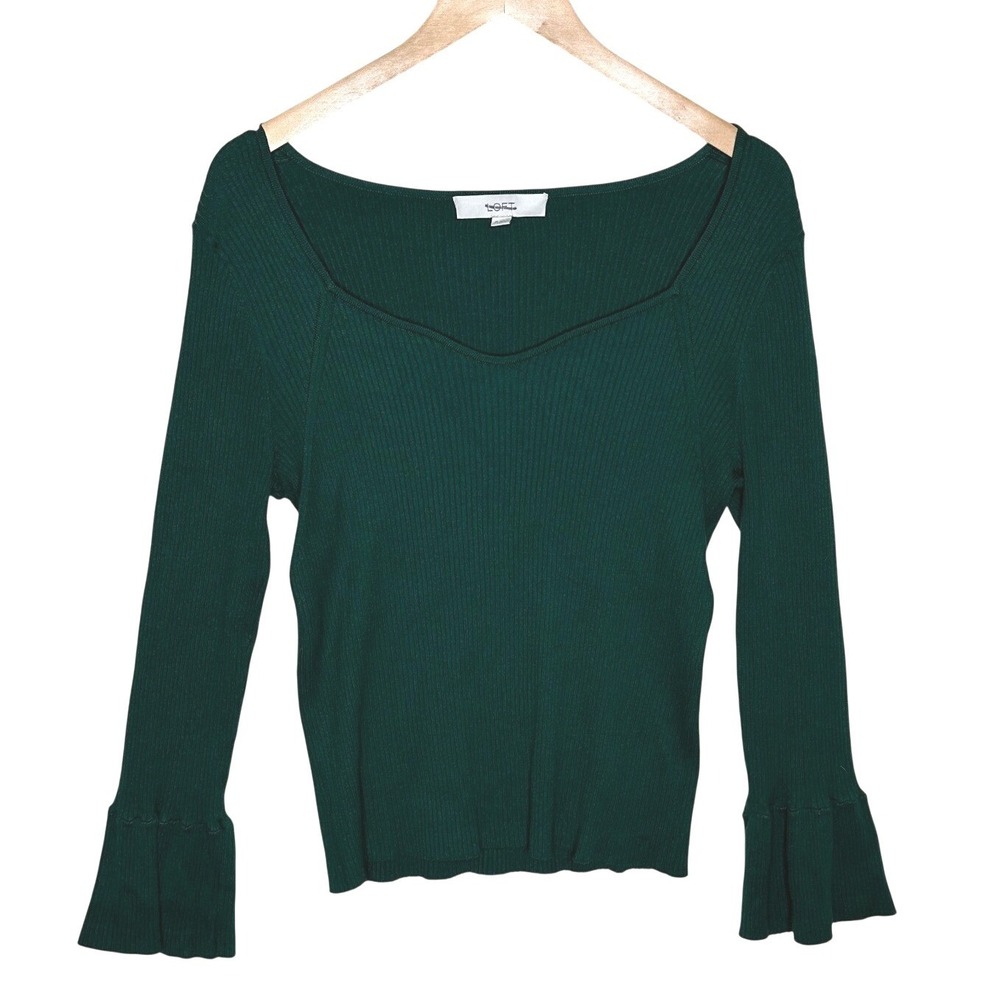 Loft Sweetheart Neck Ribbed Flare Sleeve Sweater size XL Deep Green